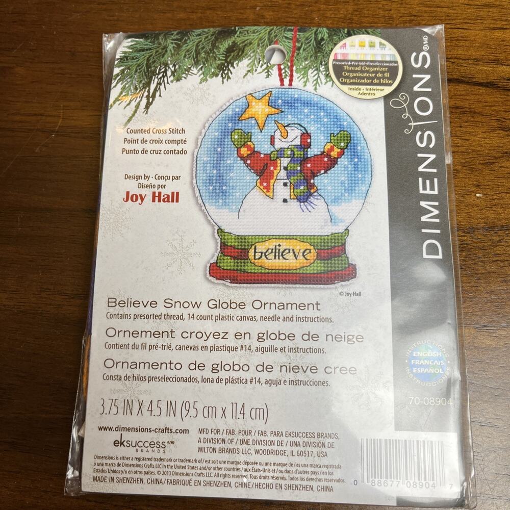 2013 Dimensions “Believe Snow Globe Ornament” Cross Stitch Kit Snowman Christmas